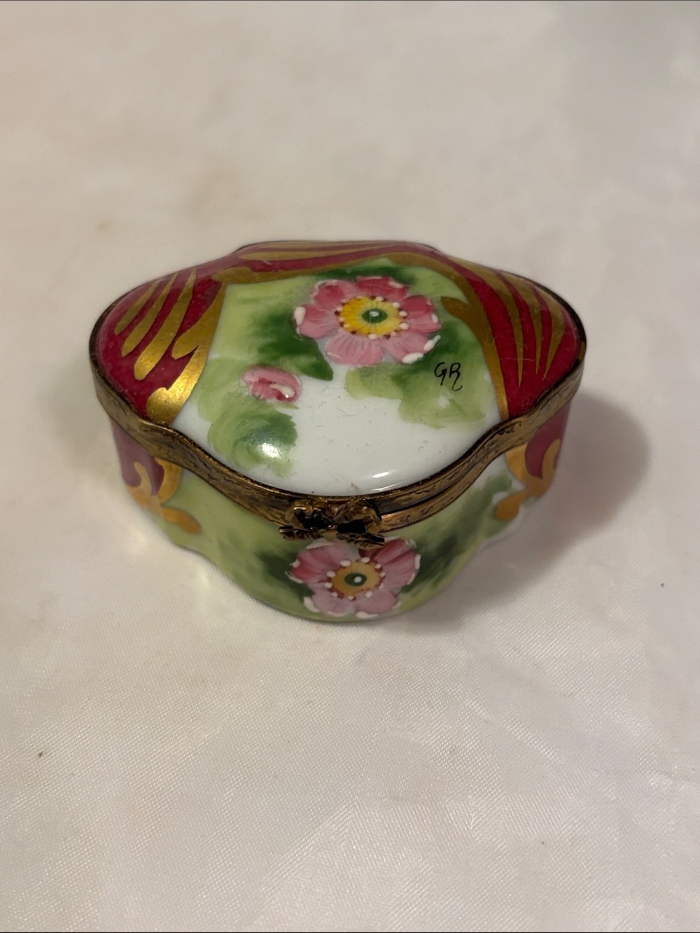 Vintage Limoges France Porcelain Floral Jewelry Trinket Box - Pink and Green